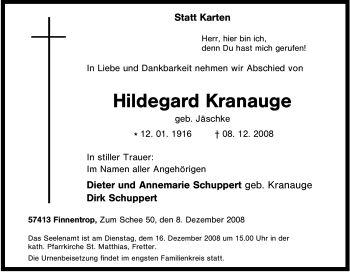 Traueranzeige von Hildegard Kranauge von WESTDEUTSCHE ALLGEMEINE ZEITUNG