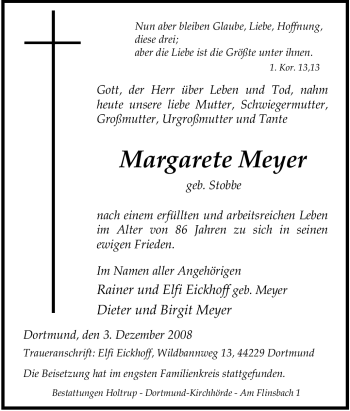 Traueranzeige von Margarete Meyer von Tageszeitung
