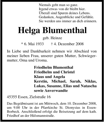 Traueranzeige von Helga Blumenthal von Tageszeitung