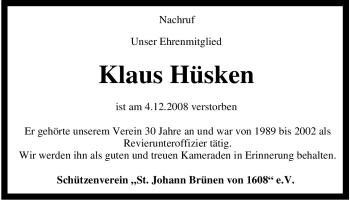 Traueranzeige von Klaus Hüsken von Tageszeitung