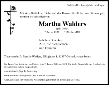 Traueranzeige von Martha Walders von Tageszeitung