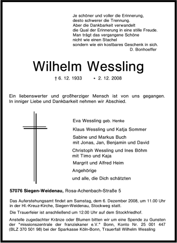 Traueranzeige von Wilhelm Wessling von Tageszeitung