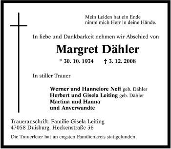 Traueranzeige von Margret Dähler von Tageszeitung
