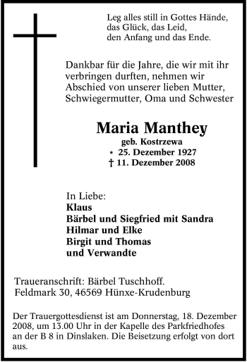 Traueranzeige von Maria Manthey von Tageszeitung