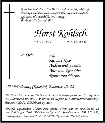 Traueranzeige von Horst Kohlsch von Tageszeitung