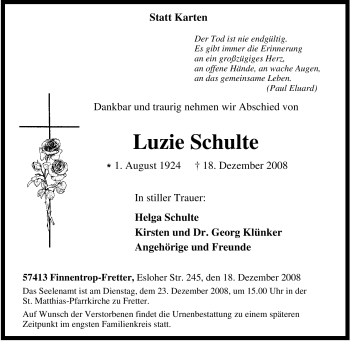 Traueranzeige von Luzie Schulte von Tageszeitung
