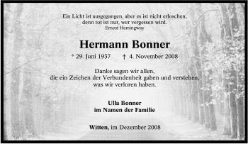 Traueranzeige von Hermann Bonner von Tageszeitung