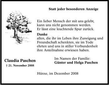 Traueranzeige von Claudia Paschen von Tageszeitung