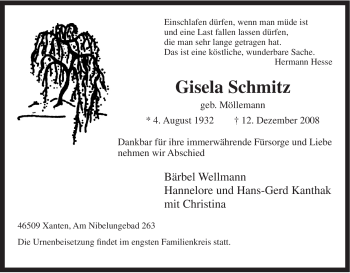 Traueranzeige von Gisela Schmitz von Tageszeitung