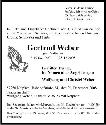 Traueranzeige von Gertrud Weber von Tageszeitung