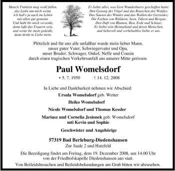 Traueranzeige von Paul Womelsdorf von Tageszeitung