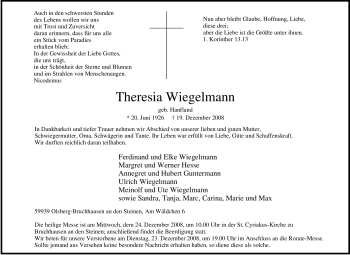 Traueranzeige von Theresia Wiegelmann von Tageszeitung