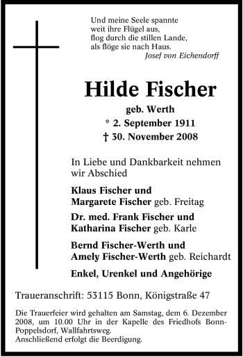 Traueranzeige von Hilde Fischer von Tageszeitung