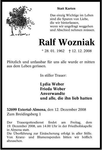 Traueranzeige von Ralf Wozniak von Tageszeitung