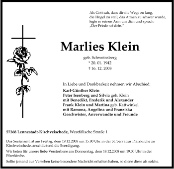 Traueranzeige von Marlies Klein von Tageszeitung
