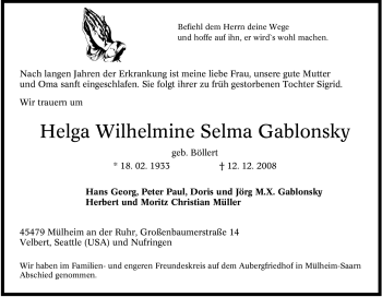 Traueranzeige von Helga Wilhelmine Selma Gablonsky von Tageszeitung