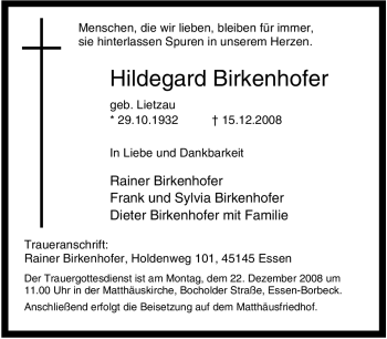 Traueranzeige von Hildegard Birkenhofer von Tageszeitung