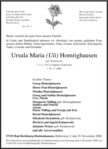 Traueranzeige von Ursula Maria (Uli) Homrighausen von Tageszeitung