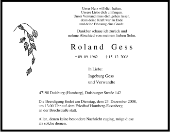 Traueranzeige von Roland Gess von Tageszeitung