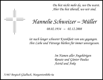 Traueranzeige von Hannelie Schweizer-Müller von Tageszeitung