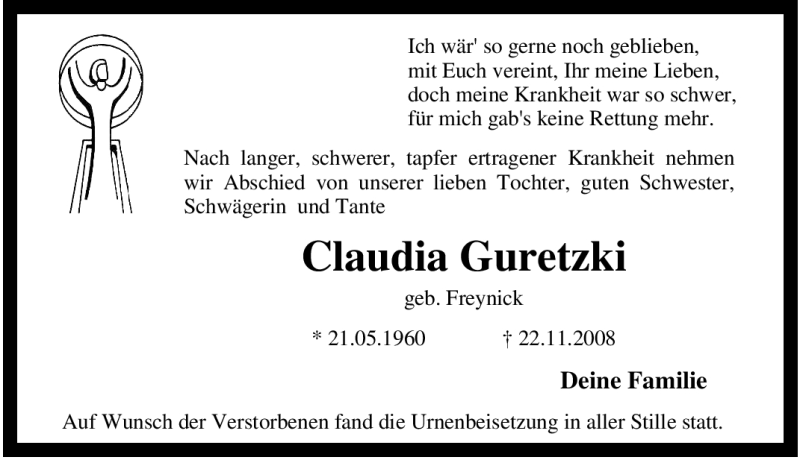  Traueranzeige für Claudia Guretzki vom 06.12.2008 aus Tageszeitung