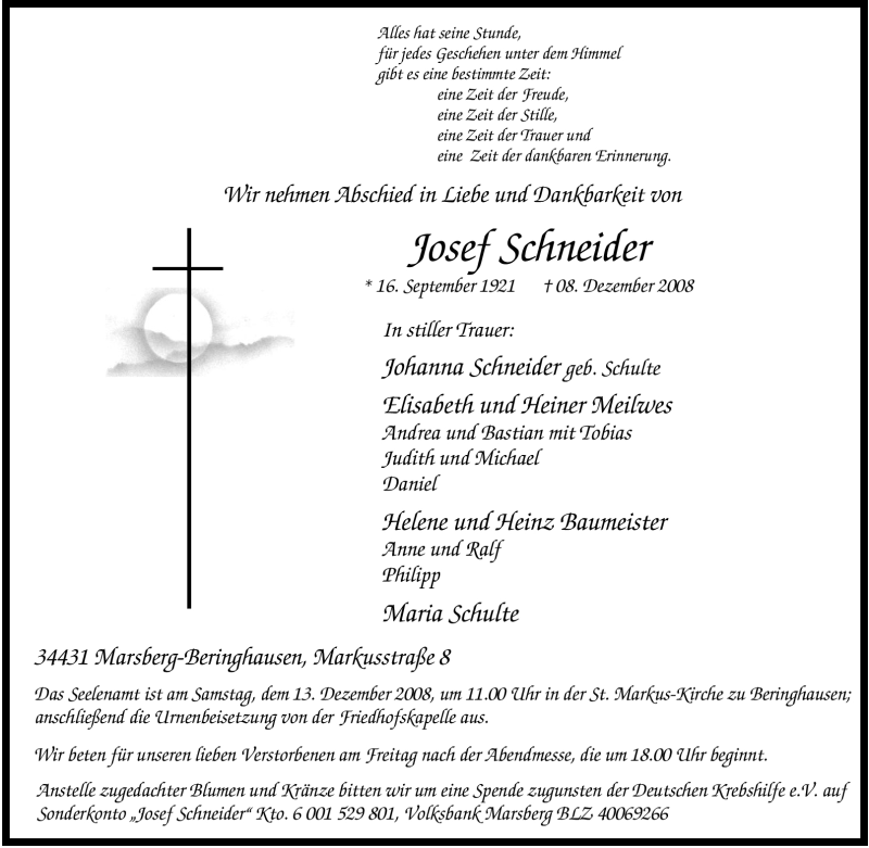  Traueranzeige für Josef Schneider vom 10.12.2008 aus Tageszeitung