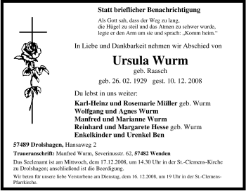 Traueranzeige von Ursula Wurm von Tageszeitung