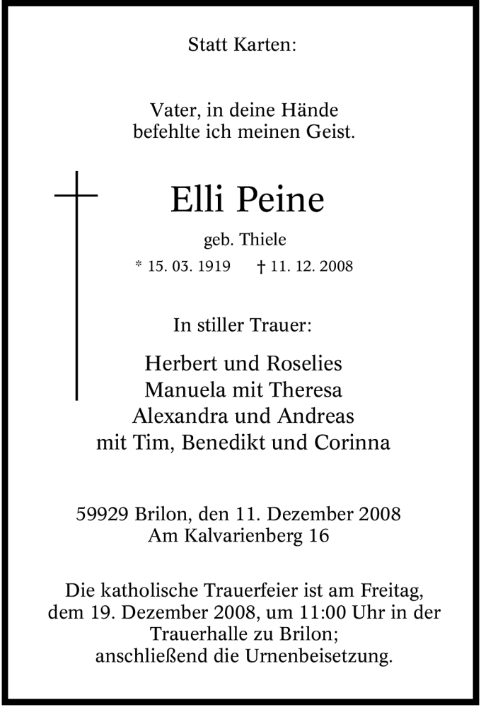  Traueranzeige für Elli Peine vom 16.12.2008 aus Tageszeitung