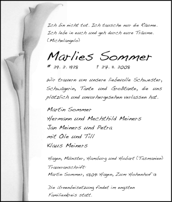 Traueranzeige von Marlies Sommer von Tageszeitung
