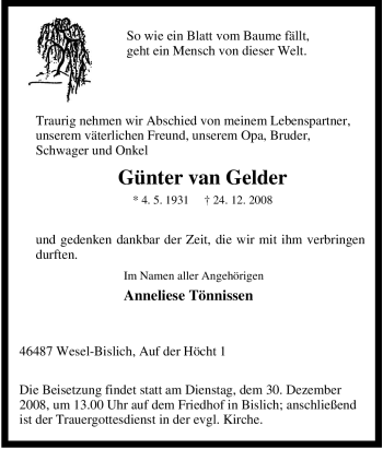 Traueranzeige von Günter van Gelder von Tageszeitung