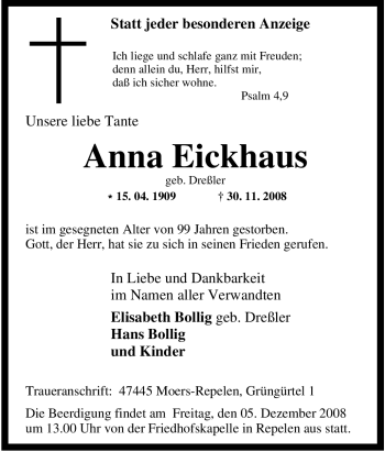 Traueranzeige von Anna Eickhaus von Tageszeitung