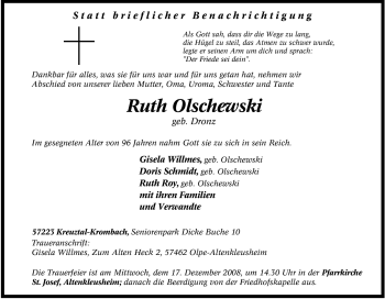 Traueranzeige von Ruth Olschewski von Tageszeitung