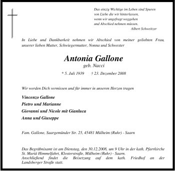 Traueranzeige von Antonia Gallone von Tageszeitung