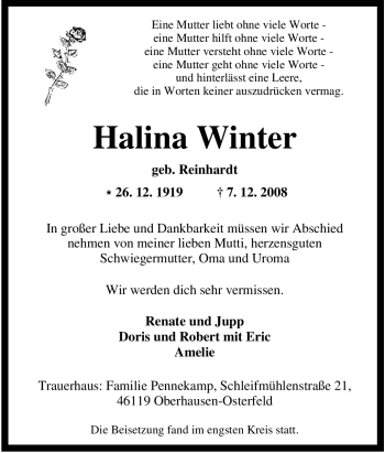 Traueranzeige von Halina Winter von Tageszeitung