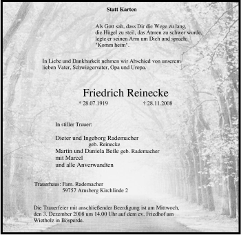 Traueranzeige von Friedrich Reinecke von Tageszeitung