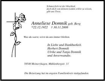 Traueranzeige von Anneliese Domnik von Tageszeitung