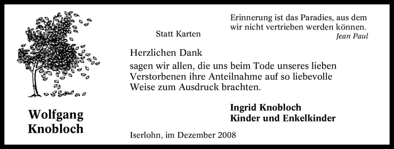  Traueranzeige für Wolfgang Knobloch vom 20.12.2008 aus Tageszeitung
