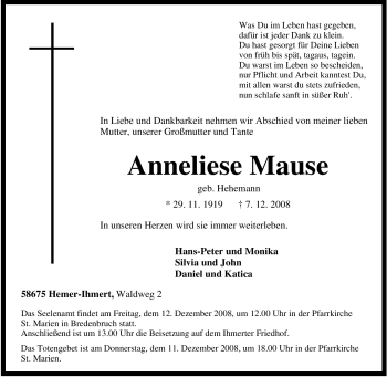 Traueranzeige von Anneliese Mause von Tageszeitung