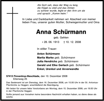 Traueranzeige von Anna Schürmann von Tageszeitung