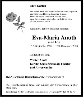 Traueranzeige von Eva-Maria Anuth von Tageszeitung