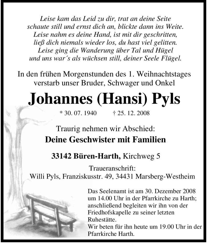  Traueranzeige für Johannes (Hansi) Pyls vom 29.12.2008 aus Tageszeitung
