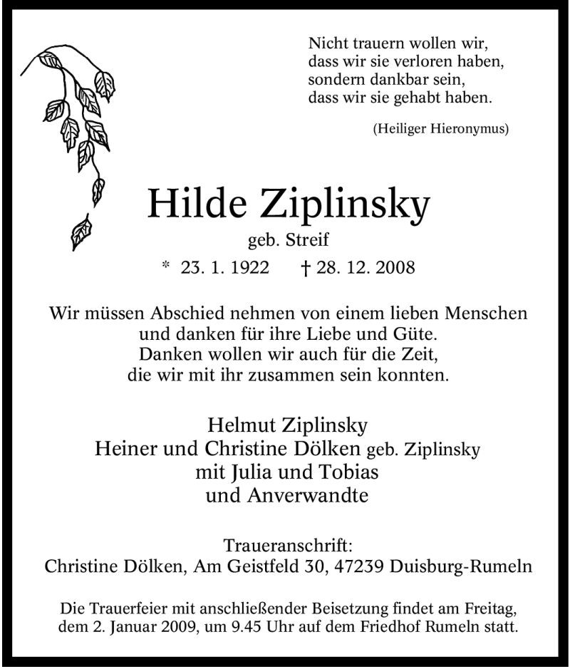  Traueranzeige für Hilde Ziplinsky vom 30.12.2008 aus Tageszeitung