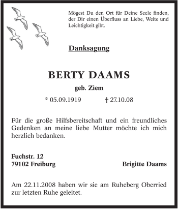 Traueranzeige von Berty Daams von Tageszeitung