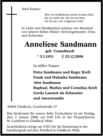 Traueranzeige von Anneliese Sandmann von Tageszeitung