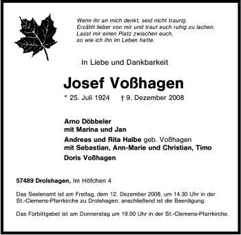 Traueranzeige von Josef Voßhagen von Tageszeitung
