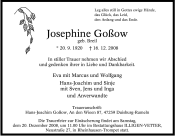 Traueranzeige von Josephine Goßow von Tageszeitung