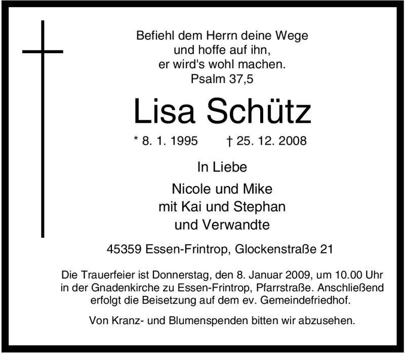 Traueranzeigen Von Lisa Schütz Trauer In Nrwde