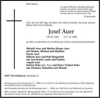 Traueranzeige von Josef Auer von Tageszeitung
