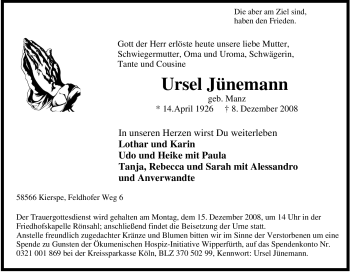 Traueranzeige von Ursel Jünemann von Tageszeitung