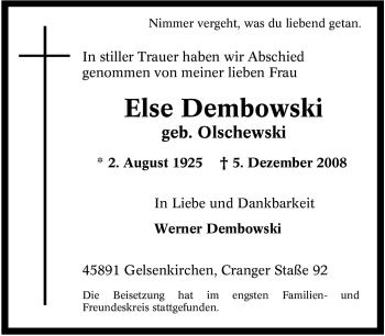Traueranzeige von Else Dembowski von Tageszeitung